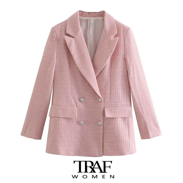 TRAF  Women Tweed Double Breasted Blazer Coat Vintage Long Sleeve Flap Pockets Female Outerwear Chic Veste Femme