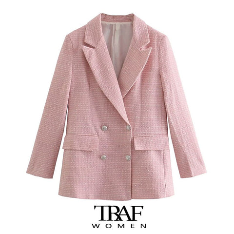 TRAF  Women Tweed Double Breasted Blazer Coat Vintage Long Sleeve Flap Pockets Female Outerwear Chic Veste Femme