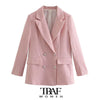 TRAF  Women Tweed Double Breasted Blazer Coat Vintage Long Sleeve Flap Pockets Female Outerwear Chic Veste Femme