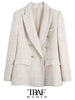 TRAF Women Tweed Double Breasted Blazer Coat Vintage Long Sleeve Flap Pockets Female Outerwear Chic Veste Femme