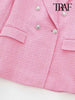 TRAF Women Tweed Double Breasted Blazer Coat Vintage Long Sleeve Flap Pockets Female Outerwear Chic Veste Femme