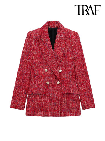 TRAF Women Tweed Double Breasted Blazer Coat Vintage Long Sleeve Flap Pockets Female Outerwear Chic Veste Femme