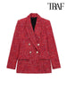 TRAF Women Tweed Double Breasted Blazer Coat Vintage Long Sleeve Flap Pockets Female Outerwear Chic Veste Femme