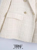 TRAF Women Tweed Double Breasted Blazer Coat Vintage Long Sleeve Flap Pockets Female Outerwear Chic Veste Femme