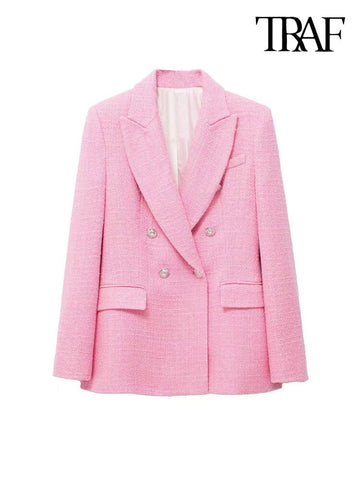 TRAF Women Tweed Double Breasted Blazer Coat Vintage Long Sleeve Flap Pockets Female Outerwear Chic Veste Femme