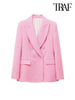 TRAF Women Tweed Double Breasted Blazer Coat Vintage Long Sleeve Flap Pockets Female Outerwear Chic Veste Femme