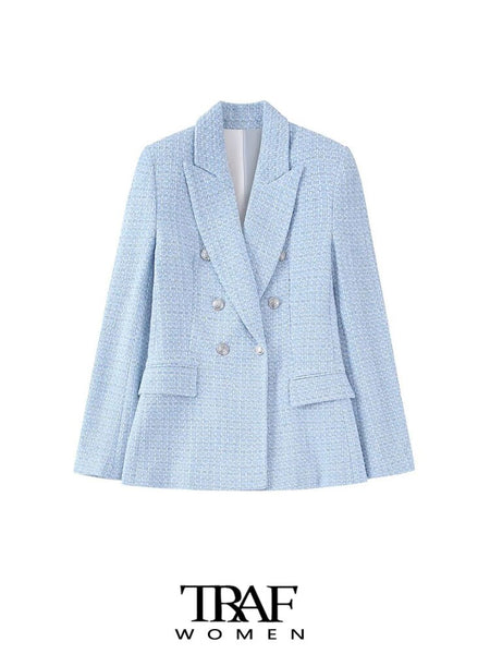 TRAF Women Tweed Double Breasted Blazer Coat Vintage Long Sleeve Flap Pockets Female Outerwear Chic Veste Femme