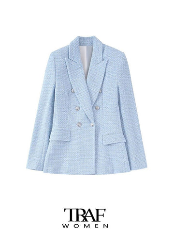 TRAF Women Tweed Double Breasted Blazer Coat Vintage Long Sleeve Flap Pockets Female Outerwear Chic Veste Femme