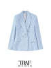 TRAF Women Tweed Double Breasted Blazer Coat Vintage Long Sleeve Flap Pockets Female Outerwear Chic Veste Femme