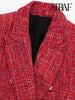 TRAF Women Tweed Double Breasted Blazer Coat Vintage Long Sleeve Flap Pockets Female Outerwear Chic Veste Femme