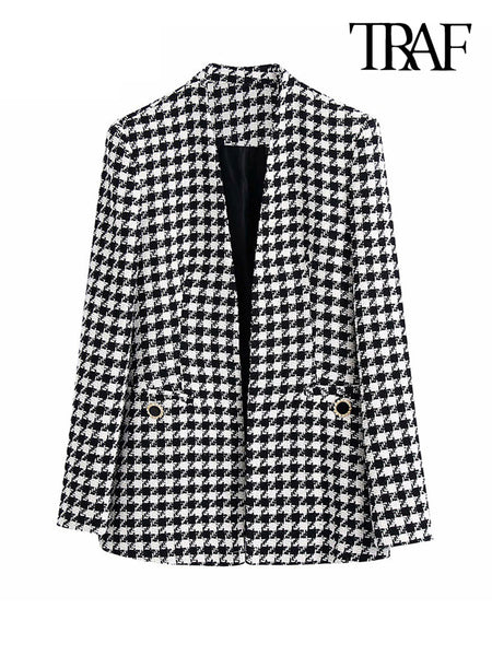 TRAF Women Tweed Houndstooth Blazer Coat Vintage Long Sleeve Welt Pockets Female Outerwear Chic Veste