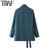 TRAF Women With Belt Irregular Blazer Coat Vintage Long Sleeve Welt Pockets Female Outerwear Chic Veste Femme