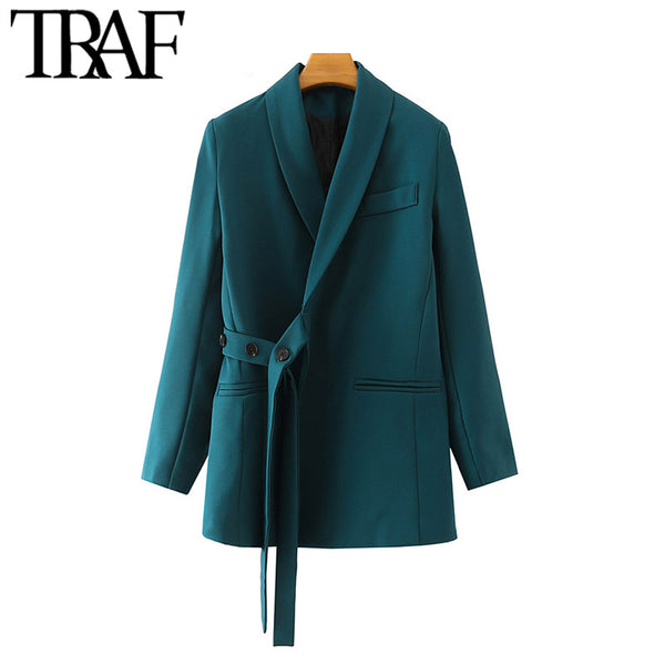 TRAF Women With Belt Irregular Blazer Coat Vintage Long Sleeve Welt Pockets Female Outerwear Chic Veste Femme