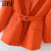TRAF Women With Belt Open Blazer Coat Vintage Long Sleeve Flap Pockets Female Outerwear Chic Veste Femme