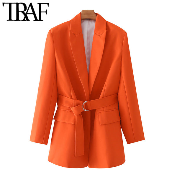 TRAF Women With Belt Open Blazer Coat Vintage Long Sleeve Flap Pockets Female Outerwear Chic Veste Femme
