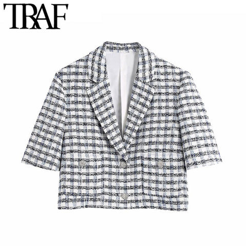 TRAF Women With Buttons Tweed Cropped Blazer Coat Vintage Short Sleeve Pockets Female Outerwear Chic Veste