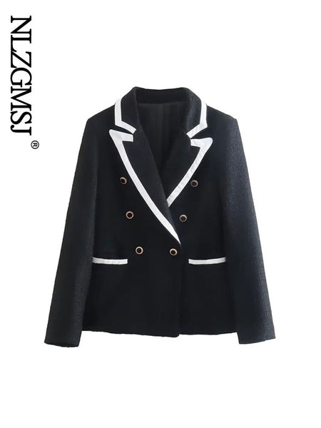 TRAF Women With Contrast Piping Tweed Blazer Coat Vintage Long Sleeve Pockets Female Outerwear Chic Veste Femme