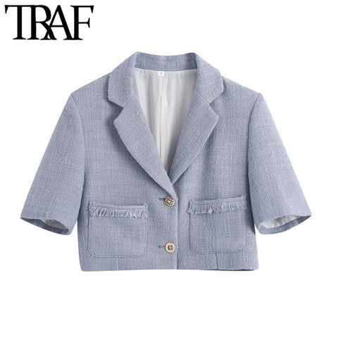 TRAF Women With Frayed Trims Tweed Cropped Blazer Coat Vintage Short Sleeve Pockets Female Outerwear Chic Veste