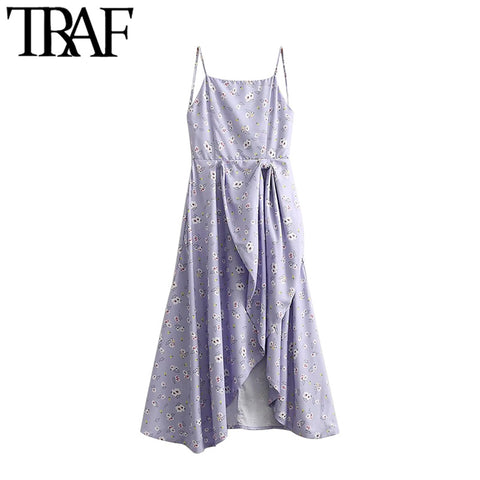 TRAF Women With Knotted Floral Print Midi Dress Vintage Backless Zipper Thin Straps Female Dresses Vestidos Mujer