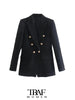 TRAF  Women With Metal Button Tweed Blazer Coat Vintage Long Sleeve Flap Pockets Female Outerwear Chic Veste
