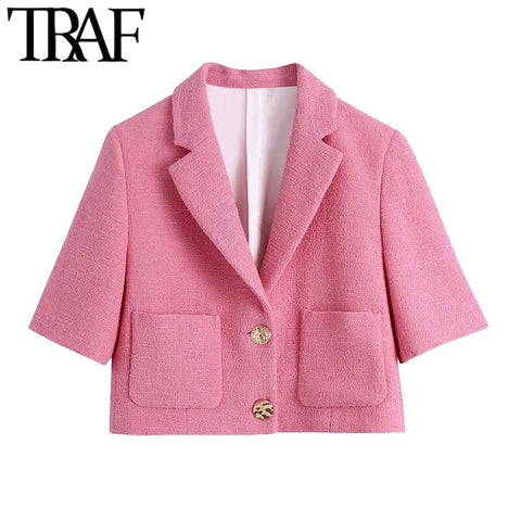 TRAF Women With Pockets Tweed Blazers Coat Vintage Notched Collar Short Sleeve Female Outerwear Chic Tops
