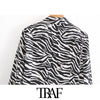 TRAF Women Zebra Print Cropped Blazer Coat Vintage Long Sleeve Animal Pattern Female Outerwear Chic Tops