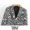 TRAF Women Zebra Print Cropped Blazer Coat Vintage Long Sleeve Animal Pattern Female Outerwear Chic Tops