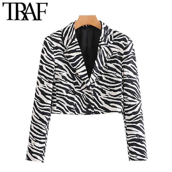 TRAF Women Zebra Print Cropped Blazer Coat Vintage Long Sleeve Animal Pattern Female Outerwear Chic Tops