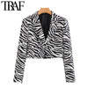 TRAF Women Zebra Print Cropped Blazer Coat Vintage Long Sleeve Animal Pattern Female Outerwear Chic Tops