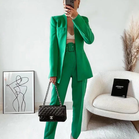 TRAF Women Green Blazer 2023 Concealed Buckle Casual Long Sleeve Elegant Female Blazer Chic Office Female Suit