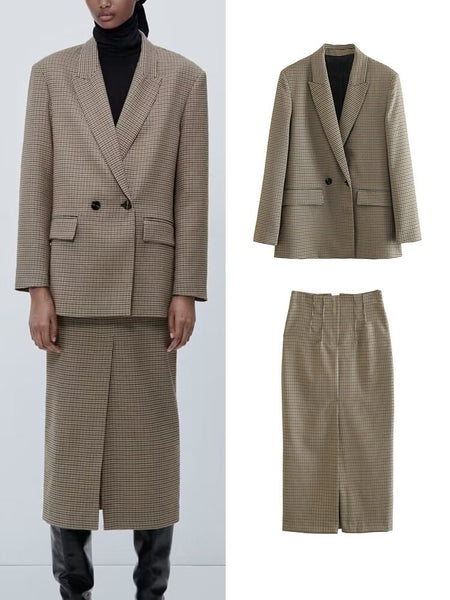 TRAF Women Plaid  Blazer Skirts Sets  2023 Autumn Winter Elegant Female Office Mid-Calf Skirt Long Sleeve Outwear