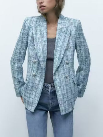 TRAF Women Tweed Blazer Coats 2023 Autumn Winter Elegant Female Office Coat Double Breasted Fitted Long Sleeve Outwear