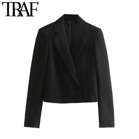 TRAF Women Vintage Stylish Short Style Double Breasted Blazer Coat Notched Collar Long Sleeve Female Outerwear Chic Tops