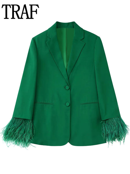 TRAF Women's Blazer Suits Green Feather Blazer Woman 2023 Long Sleeve Blazer Sets Stylish Button Autumn Jacket Blazers Women