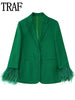 TRAF Women's Blazer Suits Green Feather Blazer Woman 2023 Long Sleeve Blazer Sets Stylish Button Autumn Jacket Blazers Women