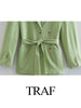 TRAF Women's Belt Blazer Coats Double Breasted Elegant Solid Long Sleeve Slim Fit Jackets Female Casual Streetwear