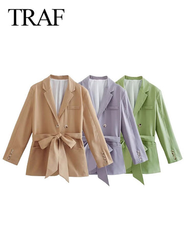 TRAF Women's Belt Blazer Coats Double Breasted Elegant Solid Long Sleeve Slim Fit Jackets Female Casual Streetwear