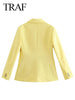 TRAF Women's Long Sleeve Lapel Blazer Coats Simple Solid Slim Fit Double Breasted Jackets Commute Female Chic Tops