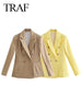 TRAF Women's Long Sleeve Lapel Blazer Coats Simple Solid Slim Fit Double Breasted Jackets Commute Female Chic Tops