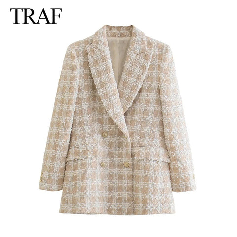 TRAF ZA 2023 Jacket Women Texture Double Breasted Check Notched Blazer Coat Office Wear Vintage Blazer Pocket Oversize Outerwear