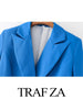 TRAF ZA Blue Double Breasted Commuter Formal Suit Lady Jacket Elegant Office Daily Urban Long Sleeve Straight Women's Blazer