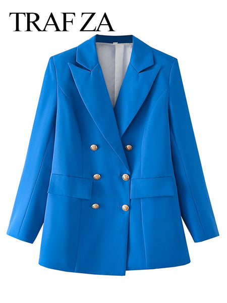 TRAF ZA Blue Double Breasted Commuter Formal Suit Lady Jacket Elegant Office Daily Urban Long Sleeve Straight Women's Blazer
