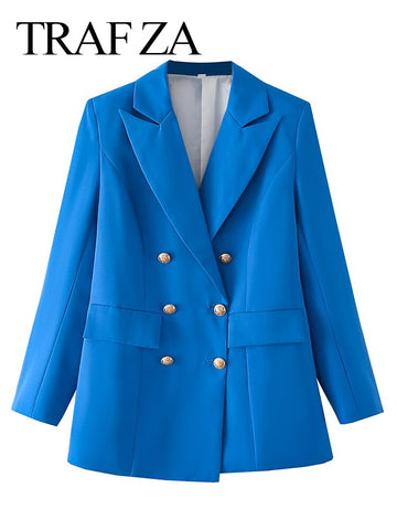 TRAF ZA Blue Double Breasted Commuter Formal Suit Lady Jacket Elegant Office Daily Urban Long Sleeve Straight Women's Blazer