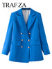 TRAF ZA Blue Double Breasted Commuter Formal Suit Lady Jacket Elegant Office Daily Urban Long Sleeve Straight Women's Blazer