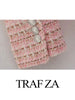TRAF ZA Girls Department Youth Casual Double Breasted Women Blazer Tricolor Knit Plaid Elegant Commuter Lady Suit Top