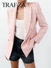 TRAF ZA Girls Department Youth Casual Double Breasted Women Blazer Tricolor Knit Plaid Elegant Commuter Lady Suit Top
