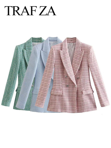 TRAF ZA Girls Department Youth Casual Double Breasted Women Blazer Tricolor Knit Plaid Elegant Commuter Lady Suit Top