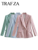 TRAF ZA Girls Department Youth Casual Double Breasted Women Blazer Tricolor Knit Plaid Elegant Commuter Lady Suit Top