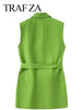 TRAF ZA Green Chic Double Breasted Sleeveless Long Suit Vest Top Premium Belt Waist Slim Singles Women's Clothing New