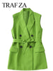 TRAF ZA Green Chic Double Breasted Sleeveless Long Suit Vest Top Premium Belt Waist Slim Singles Women's Clothing New